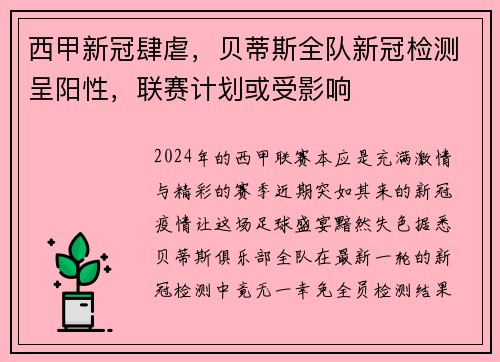 西甲新冠肆虐，贝蒂斯全队新冠检测呈阳性，联赛计划或受影响